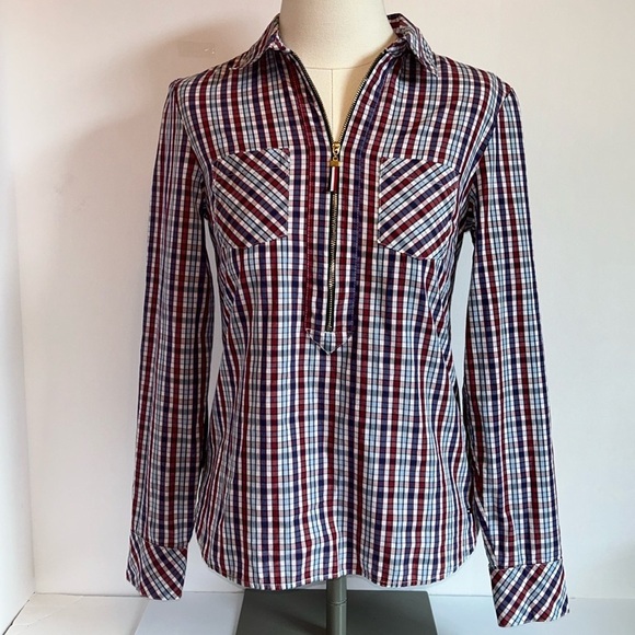 Tommy Hilfiger Red White Blue Plaid 1/2 Zip Pull Over Cotton Blouse Women’s XSTP - Picture 1 of 11